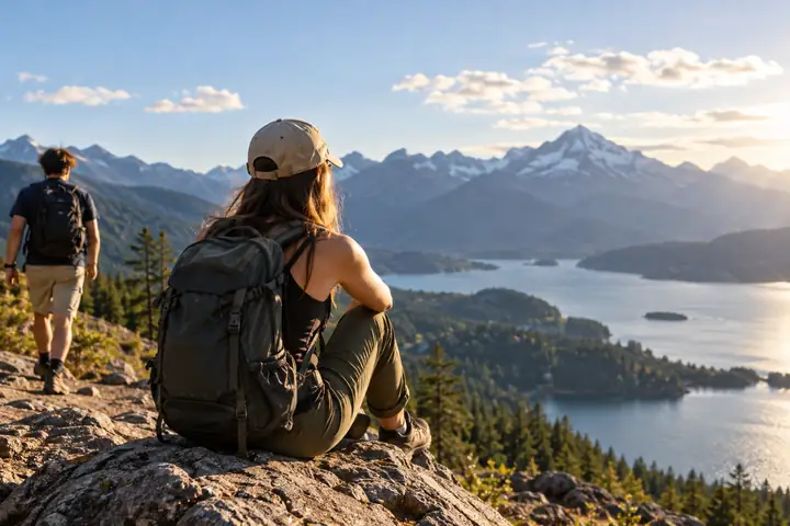 Sonniges Reisefoto eines Aussichtspunkts in den Bergen mit einer störenden vorbeigehenden Person im Hintergrund, natürliche redaktionelle Fotografie