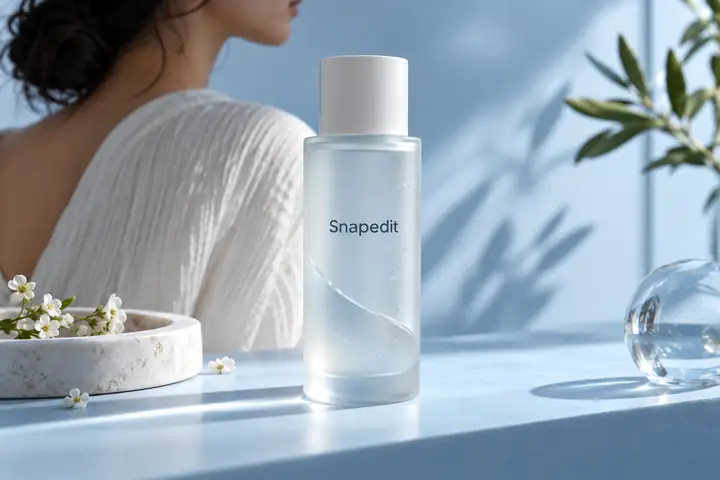 Premium-Hautpflegeflasche auf einer hellblauen Studiofläche mit weichem Schatten und aufgeräumtem Hintergrund fotografiert