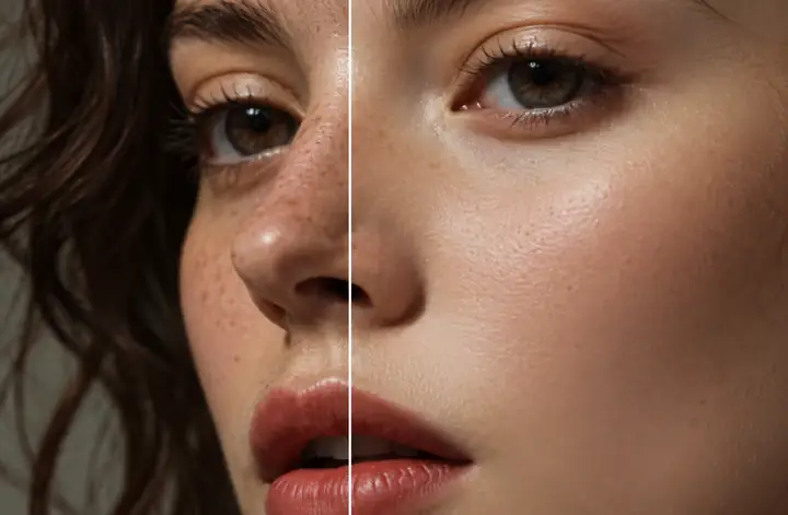 Nahaufnahme eines Beauty-Porträts mit einem dezenten Seitenvergleich einer natürlich wirkenden Hautretusche