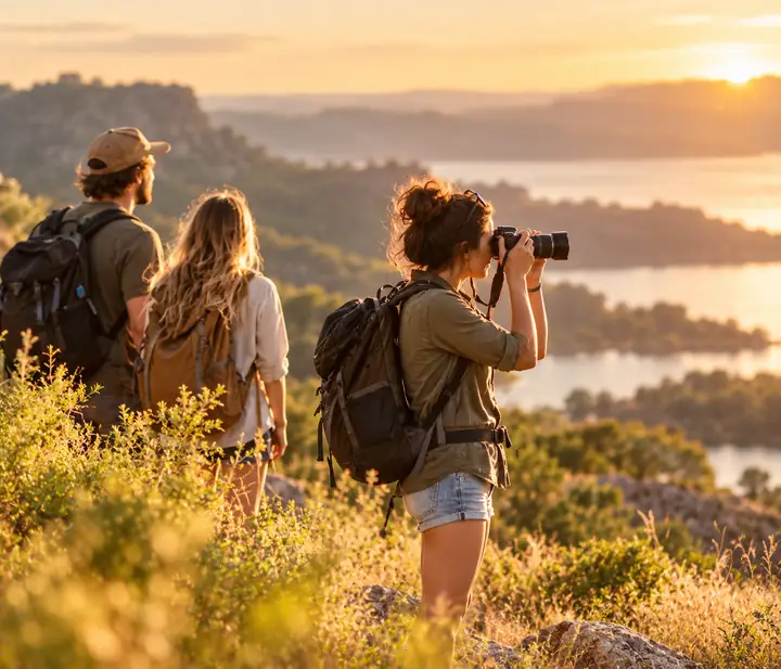 Freunde bei einem sonnenbeschienenen Spaziergang im Freien mit einem Fotografen im Vordergrund, vor dem Entfernen störender Elemente