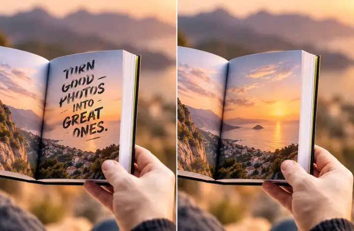 Aufgeschlagenes Buch in einer Gegenüberstellung, mit gedruckter Beschriftung in einem Bild und ohne Beschriftung im anderen