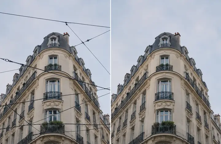 Architekturfotografie in einer Gegenüberstellung, die ein Gebäude mit oberirdischen Kabeln und eine bereinigte Ansicht ohne Kabel zeigt